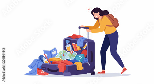 Vector Illustration of a Stressed Woman Struggling to Close an Overflowing Suitcase Messy with Clothes and Travel Essentials for Her Upcoming Trip.