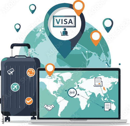 Digital travel visa application portal displayed on a laptop screen next to a suitcase ready for an international business trip
