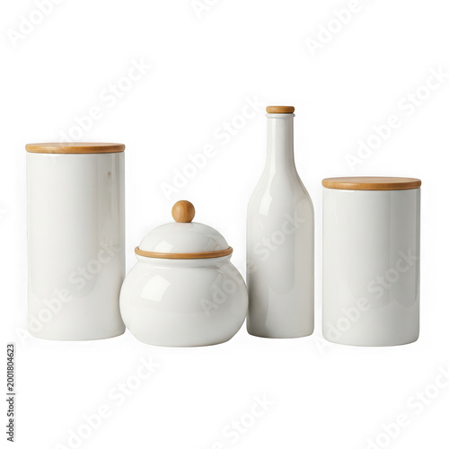 Set of four white ceramic kitchen containers with wooden lids on transparent background
