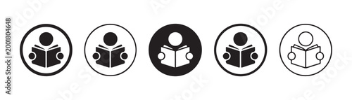 People reading book in circle set, person reading open book icon in circle, vector illustration reading time icon.