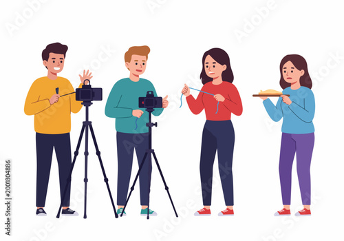 Group of young content creators and influencers filming video tutorials for social media platforms with cameras and tripods, flat vector illustration.