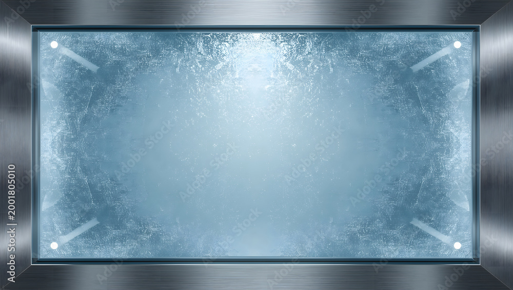 Fototapeta premium Metal framework enclosing a glass pane with frost. Cold background.