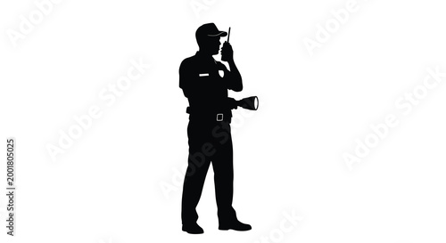 security guard silhouette holding walkie talkie and flashlight