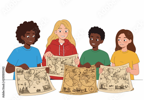 Diverse Group of Young Students Holding Vintage World Maps and Exploring Global Geography in a Modern Flat Illustration Style.