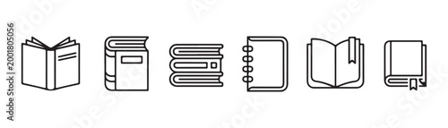 Set of six black line art book icons on transparent background illustrated in a simple style.