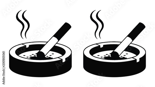 Two ashtrays with cigarettes and smoke on white background