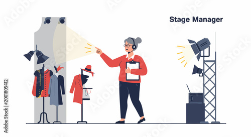 A flat illustration of a female stage manager directing a theater production with costumes and stage lighting.