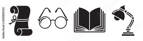 Set of flat design education and knowledge icons including scroll glasses open book and desk lamp symbols.