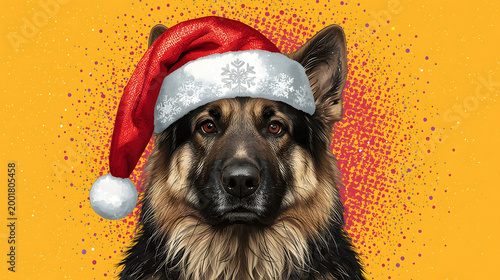 German shepherd in a red santa hat. Festive pet.