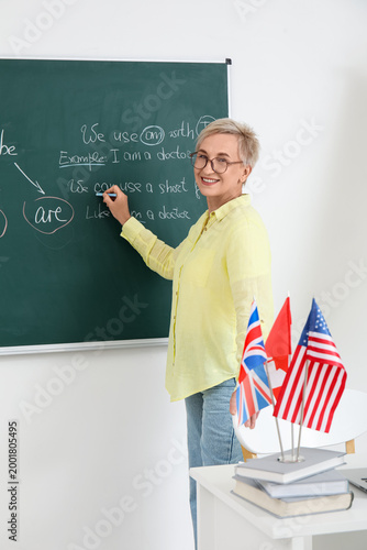 Female teacher writing Engl...