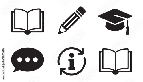 Education icons open book pencil graduation cap speech bubble information sign and open book.