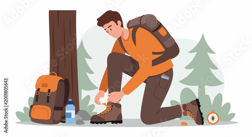 Illustration of a male hiker with a backpack kneeling to tie his shoelaces in a forest setting