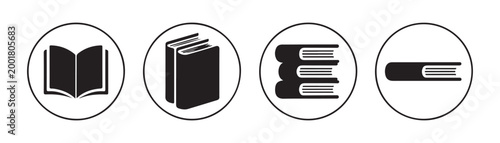 Book icons open book closed book stack of books and single book inside circles.