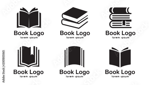 Six professional book logo templates featuring solid silhouettes and minimalist vector graphic elements set.
