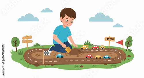A cute cartoon illustration of a young boy playing with colorful toy cars on a dirt racing track outdoors.