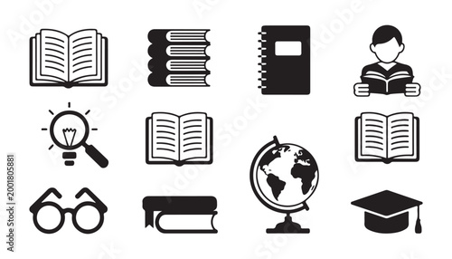 Set of education and learning icons featuring books globe graduation cap magnifying glass and round glasses.