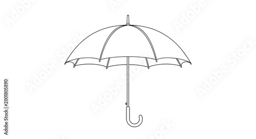 Simple black and white line art depicts an open umbrella with a curved handle for protection against rain.