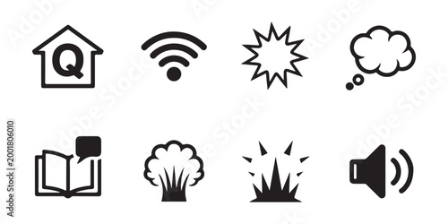 Comic book style effect icons including speech bubble explosion wifi house symbol and volume sound indicators.