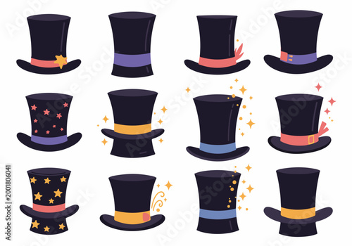 Collection of 12 Magical Magician Top Hats with Stars and Sparkles