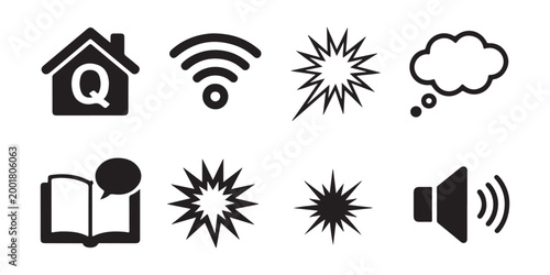Set of eight black vector icons of various items on a transparent background for easy use and integration.