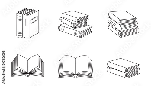 Set of six outline vector illustrations of various stacked and open books on a transparent background.