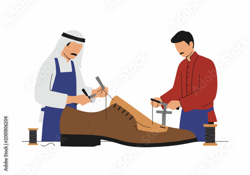 Flat vector illustration of two men, including one in traditional Arab dress, meticulously working together to repair a giant brown leather shoe.