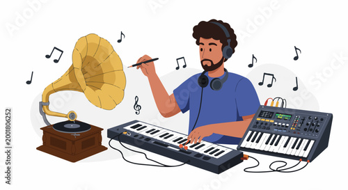 A male music producer blending vintage gramophone sounds with modern synthesizer equipment in a creative studio illustration.