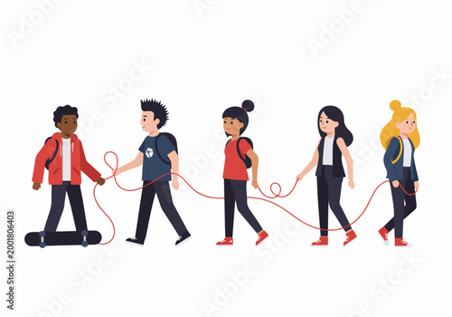 Illustration of Diverse Group of Teenagers Connected by a Single Red String Symbolizing Unity, Friendship, and Community Connectivity