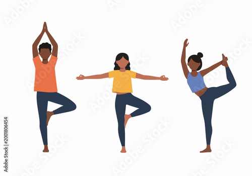 Flat vector illustration of diverse people of color practicing yoga asanas like tree pose and king dancer pose on a white background.