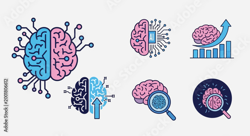 Brain icons with magnifying glass and data.