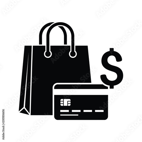 shopping bag with credit card and dollar sign icon in black and white high quality professional detailed modern elegant stylish