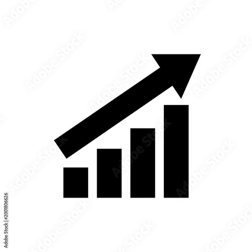 A bold graphic illustration depicts an upward trend arrow over a bar chart.