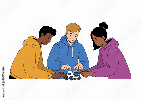 Diverse group of young students collaborating on a small robot project, illustrating STEM education, teamwork, and modern technology in a flat vector style.