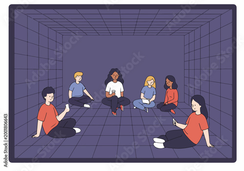Illustration of a diverse group of young people sitting in a gridded virtual room, using digital devices to connect and socialize.