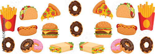 Fast Food Icons Collection with Burgers Pizza Fries Tacos Hotdogs Donuts Sandwiches and Street Food Snacks Vector Illustration for Menu Design.