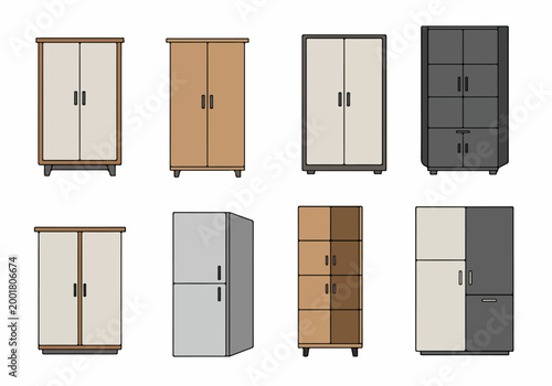 Set of Modern Wardrobes and Storage Cabinets in Minimalist Flat Design Style for Interior Design Projects