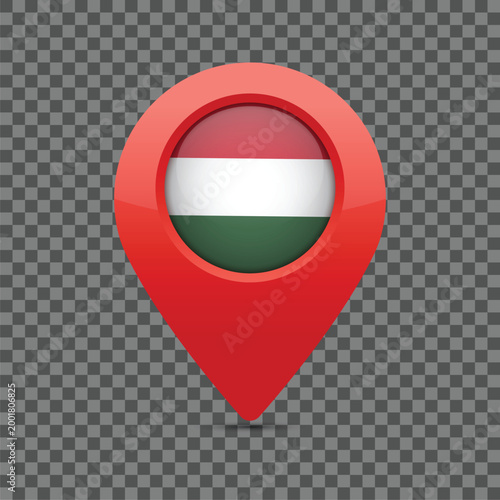 Red pin with the Hungarian flag for navigation systems and maps. Flag of Hungary.