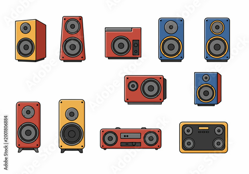 Set of flat vector illustrations of various colorful audio speakers, including bookshelf and floor-standing models, isolated on a white background.