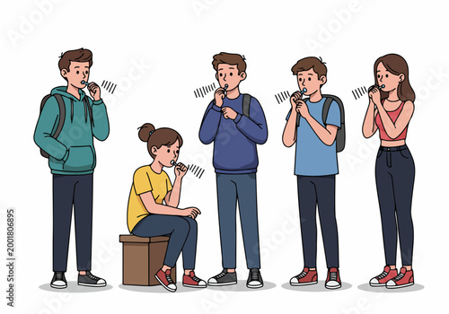 Group of Diverse Teenagers and Young Adults Using Electronic Cigarettes or Vaping Devices, Flat Vector Illustration Isolated on White Background