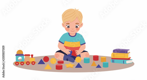Cartoon illustration of a young boy sitting on a rug playing with colorful geometric blocks, a toy train, and books.