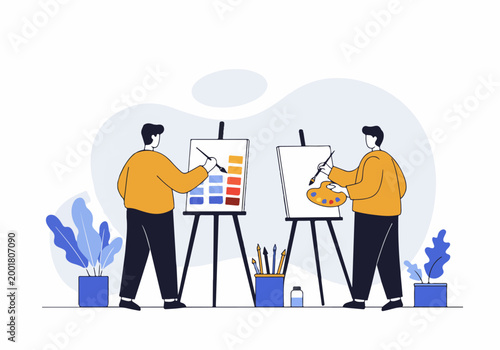 Two male artists painting on canvases in an art studio, creative process illustration.