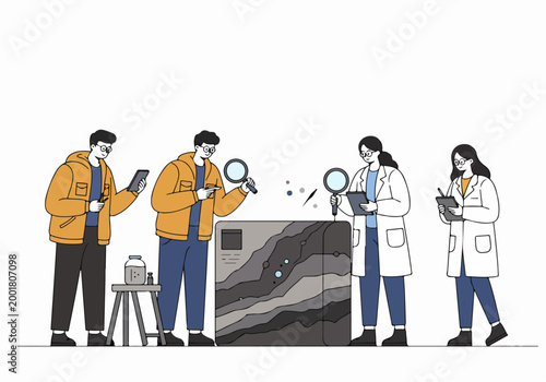 A team of diverse scientists and geologists analyzing a large rock core sample or geological cross-section using magnifying glasses and digital tablets.