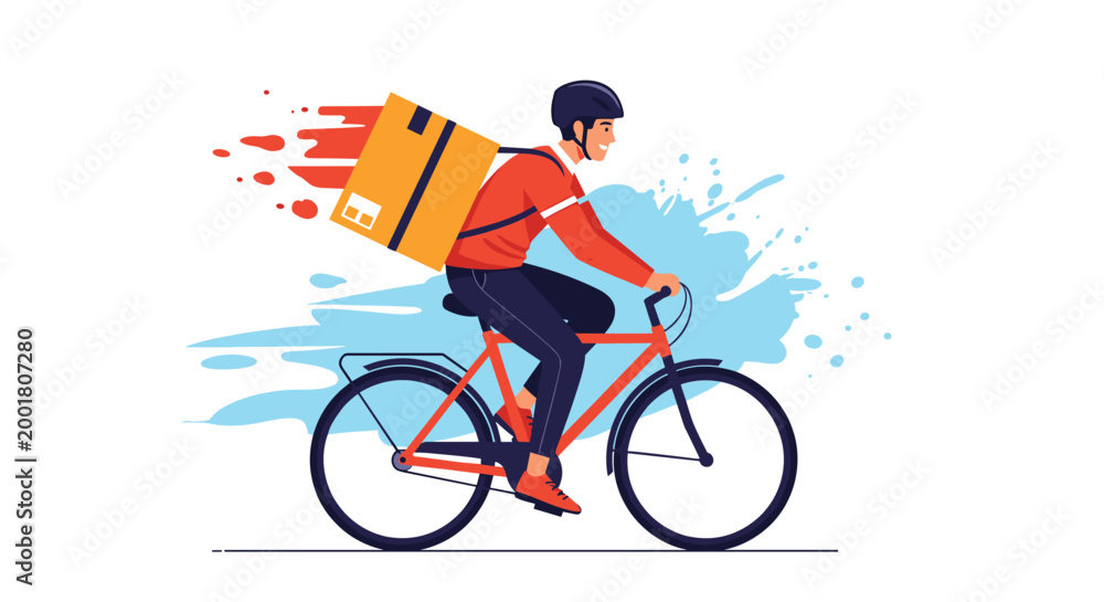 Fototapeta premium Fast delivery service concept featuring a courier on a bicycle carrying a large package with speed lines and splashes in the background.