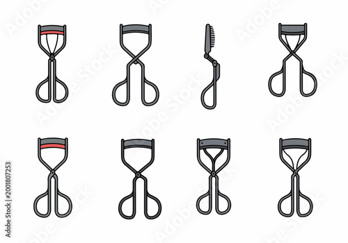 Set of vector icons illustrating different types of eyelash curlers for beauty, makeup, and cosmetic applications, isolated on a white background.