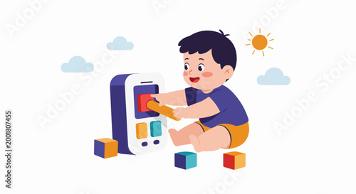 Cute cartoon baby boy sitting and playing with colorful educational toys and blocks under a bright sunny sky.
