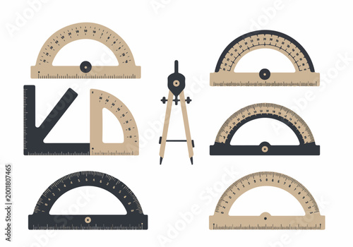 Flat Illustration of Vintage Drafting Tools Including Protractors, Compass, and Set Square in Beige and Black