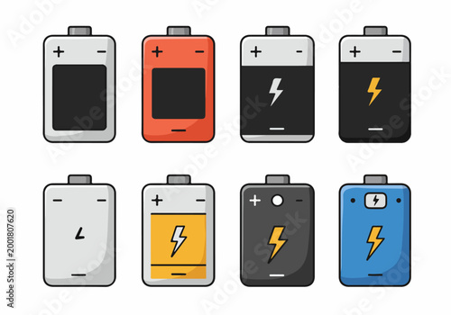 Set of Colorful Stylized Battery Icons with Charging Symbols and Power Indicators