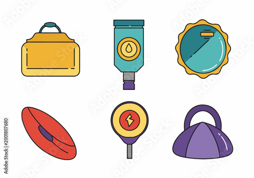 Set of colorful flat line icons for sports, fitness, and outdoor activities including gym bags, sunscreen, and a surfboard.