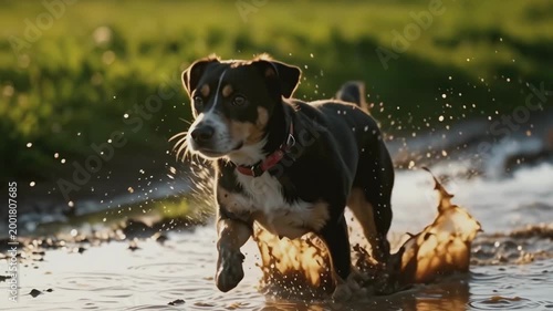 Dog runs dramatically through a muddy puddle, water and mud splashes in slow motion, low-angle tracking shot with cinematic backlight.