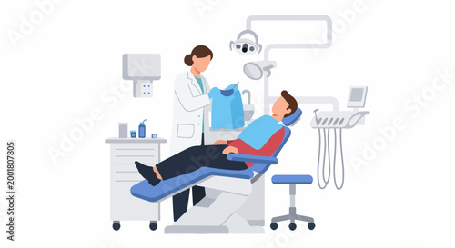 Flat vector illustration of a professional female dentist preparing a male patient for an oral examination in a modern dental clinic setting.